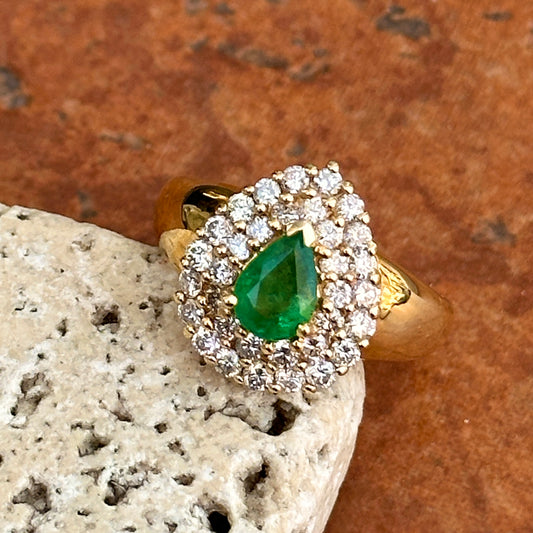 Estate 14KT Yellow Gold Pear Emerald + Double Halo Round Diamond Ring