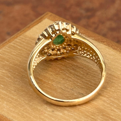 Estate 14KT Yellow Gold Pear Emerald + Double Halo Round Diamond Ring