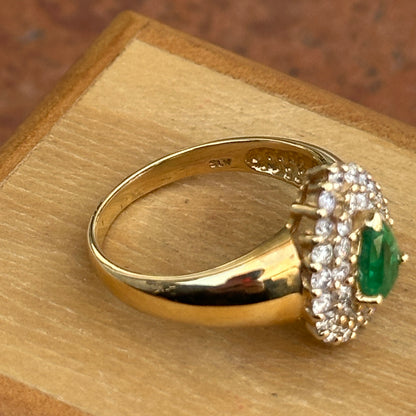 Estate 14KT Yellow Gold Pear Emerald + Double Halo Round Diamond Ring