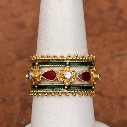 Estate 22KT Yellow Gold Enamel + Diamond Flower Band Ring