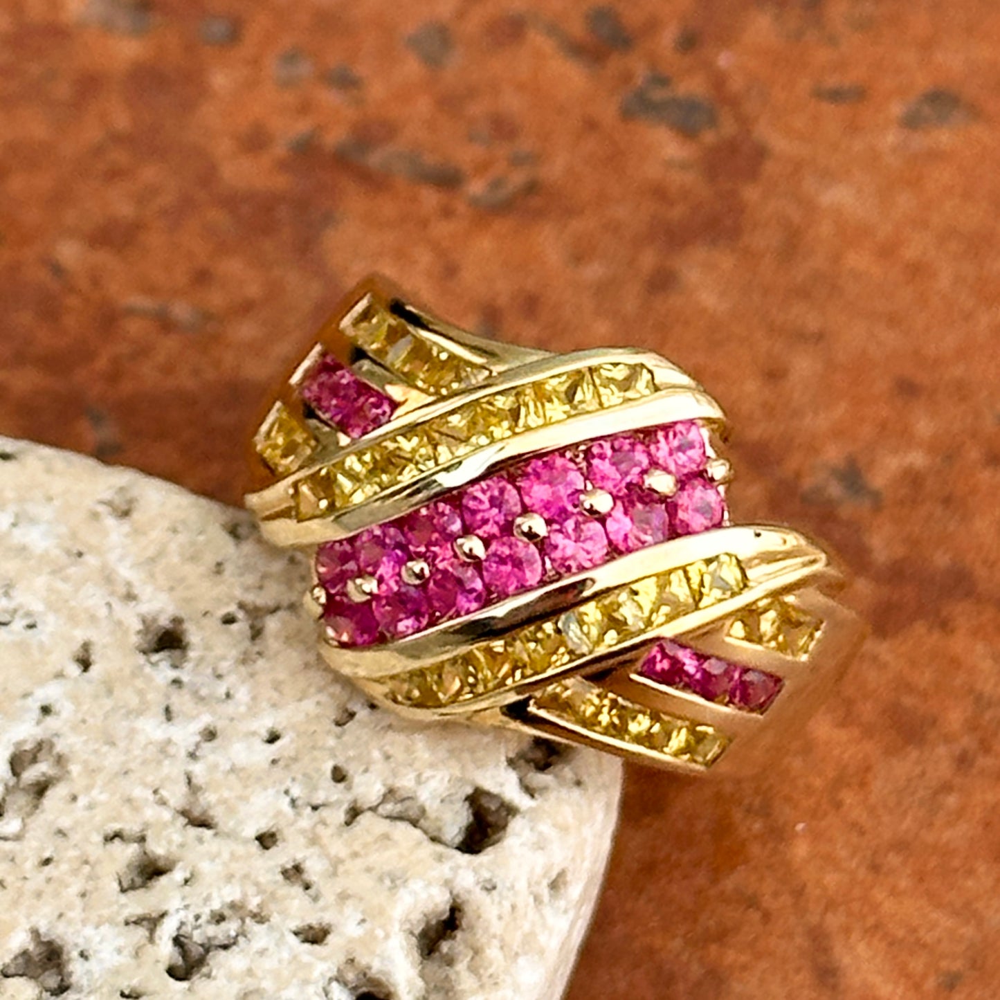Estate 10KT Yellow Gold Round Ruby + Princess Yellow Sapphire Domed Ring