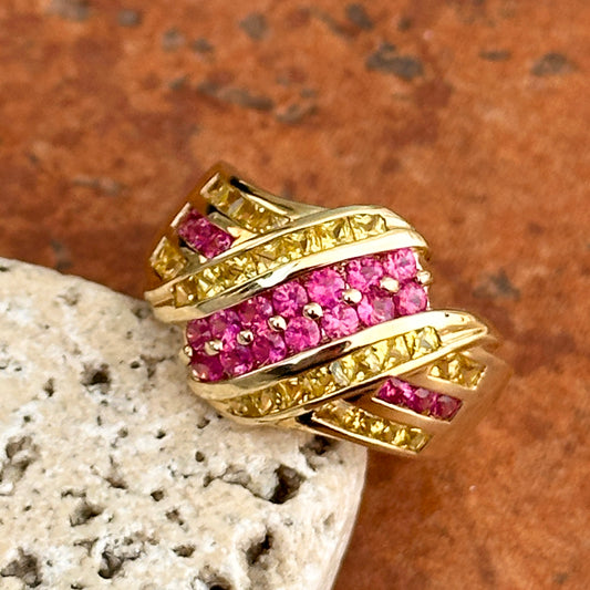 Estate 10KT Yellow Gold Round Ruby + Princess Yellow Sapphire Domed Ring