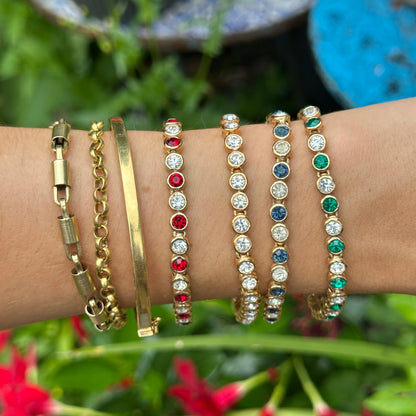 Estate Yellow Gold-Plated Round Synthetic Ruby & Diamond Tennis Bracelet 7''