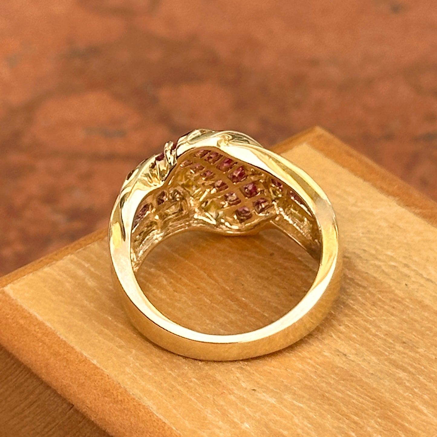 Estate 10KT Yellow Gold Round Ruby + Princess Yellow Sapphire Domed Ring