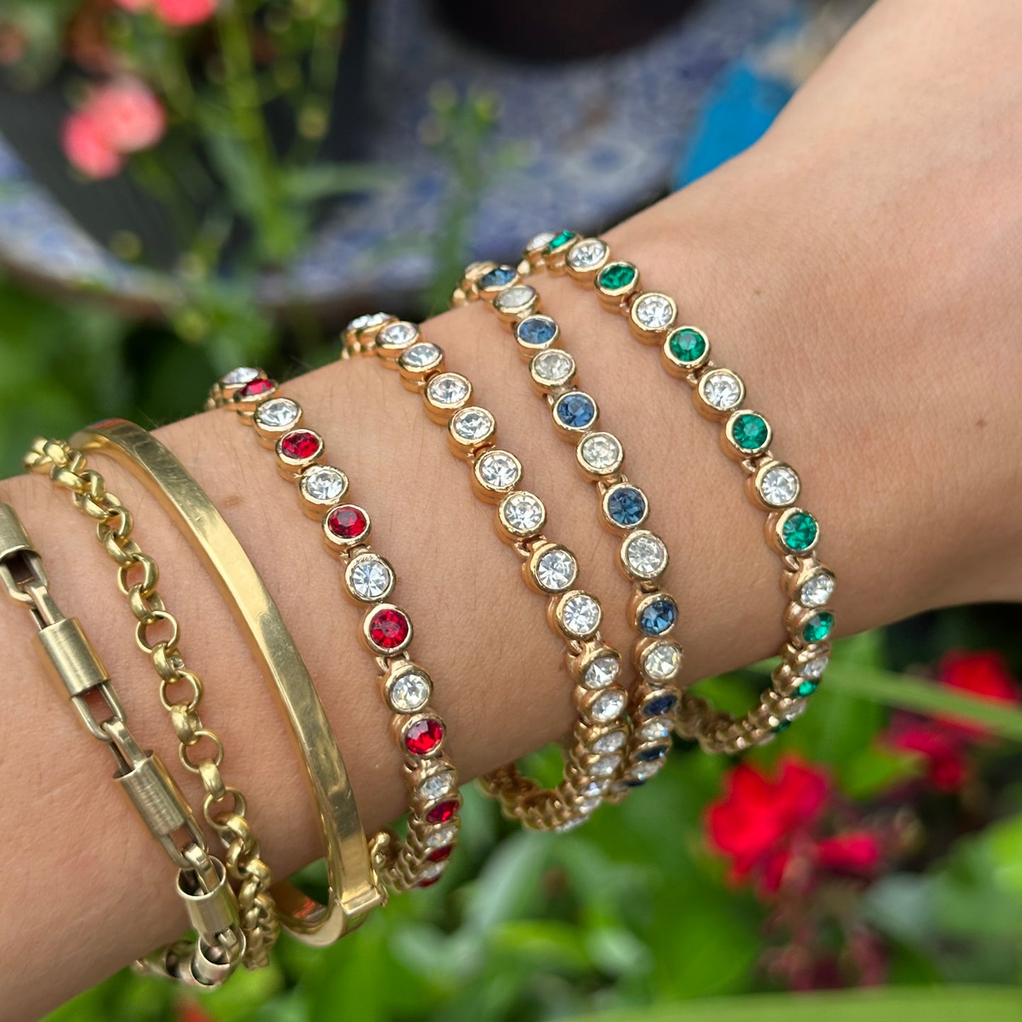 Estate Yellow Gold-Plated Round Synthetic Sapphire & Diamond Tennis Bracelet 7''