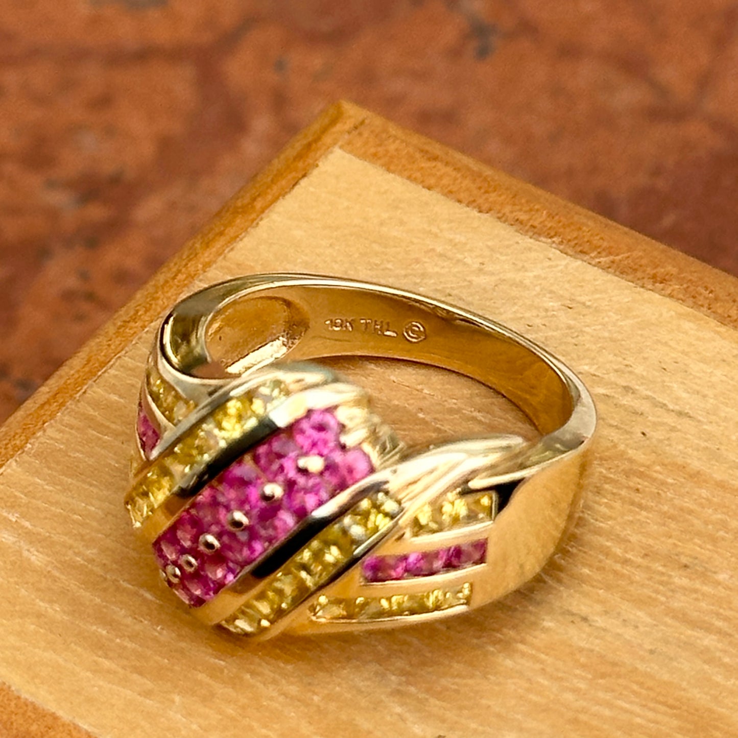 Estate 10KT Yellow Gold Round Ruby + Princess Yellow Sapphire Domed Ring