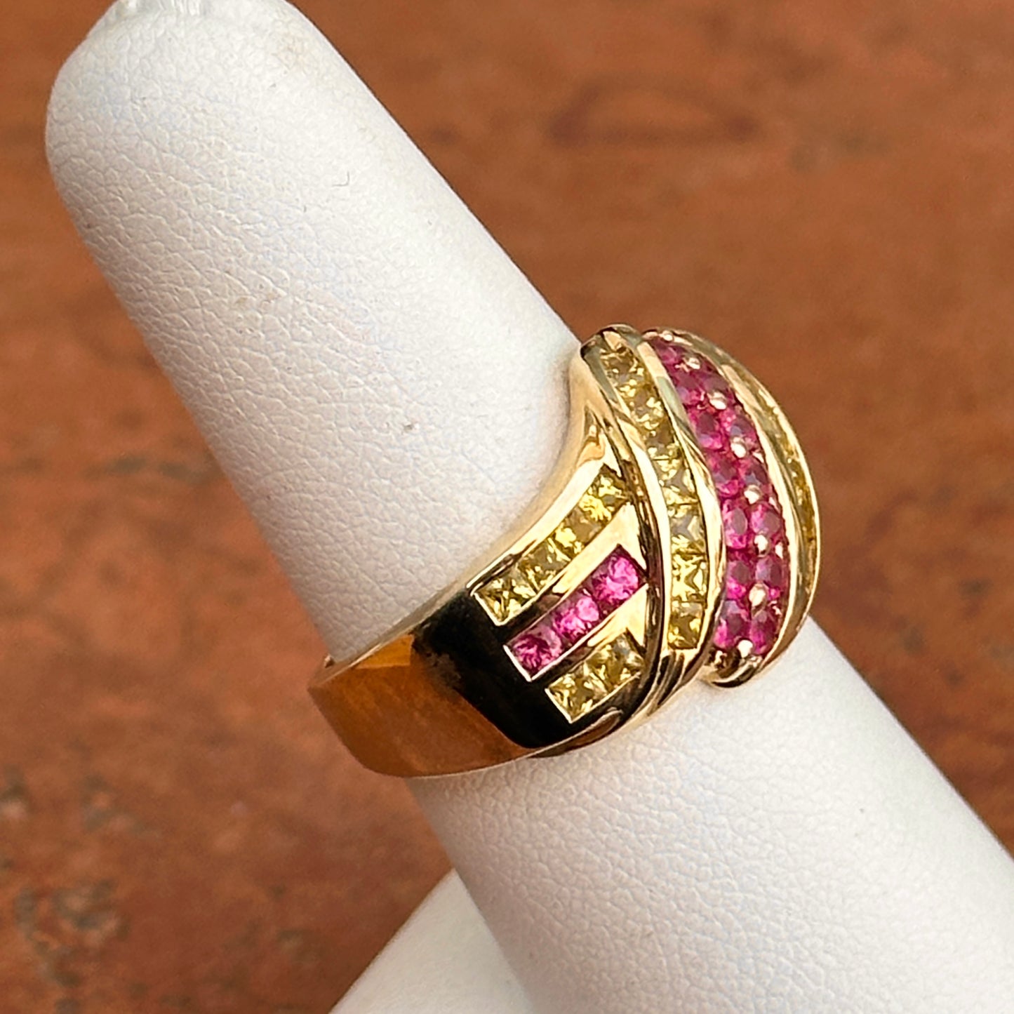 Estate 10KT Yellow Gold Round Ruby + Princess Yellow Sapphire Domed Ring