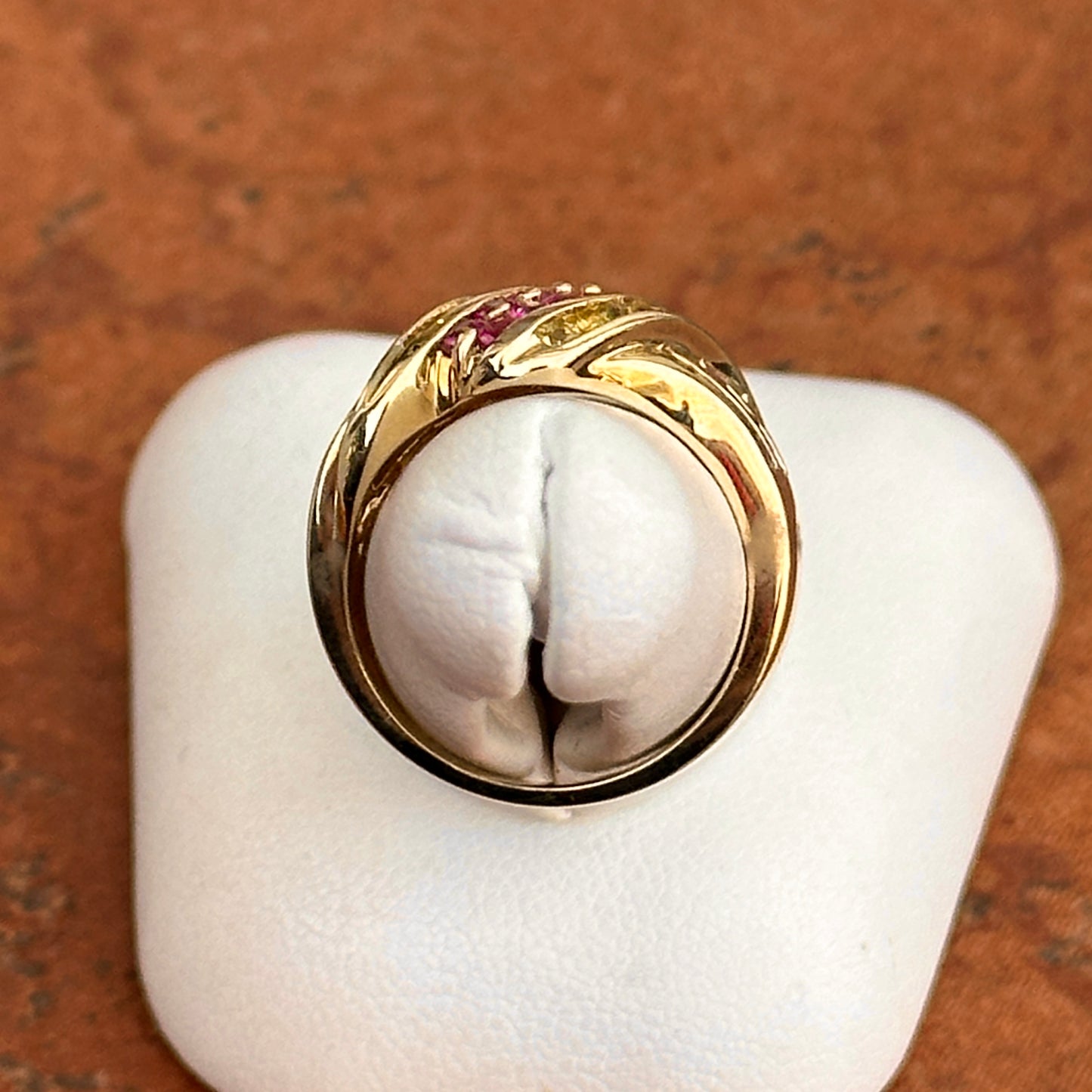 Estate 10KT Yellow Gold Round Ruby + Princess Yellow Sapphire Domed Ring