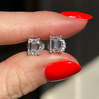 14KT White Gold 2 Carat Lab Grown Diamond Emerald Cut Prong Stud Earrings - LSJ