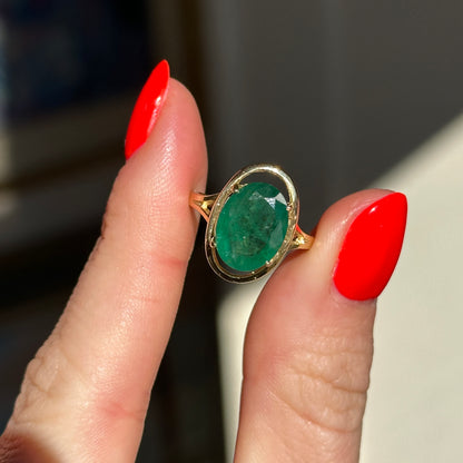 Estate 14KT Yellow Gold Dark Green Oval Faceted Emerald Ring
