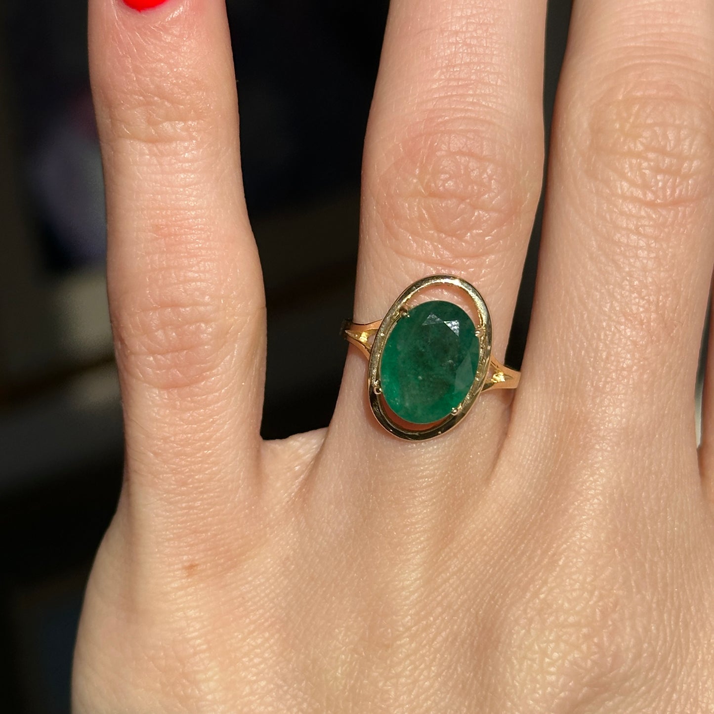 Estate 14KT Yellow Gold Dark Green Oval Faceted Emerald Ring