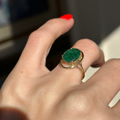 Estate 14KT Yellow Gold Dark Green Oval Faceted Emerald Ring