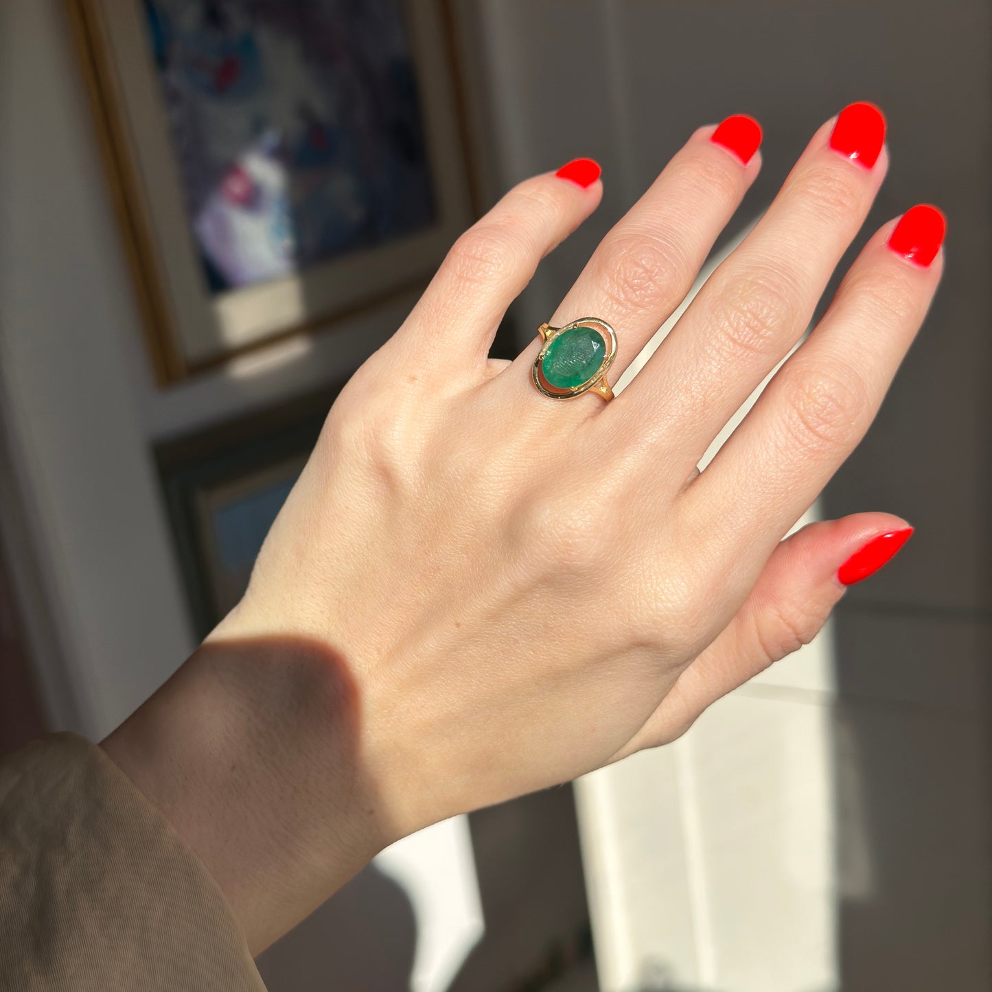 Estate 14KT Yellow Gold Dark Green Oval Faceted Emerald Ring