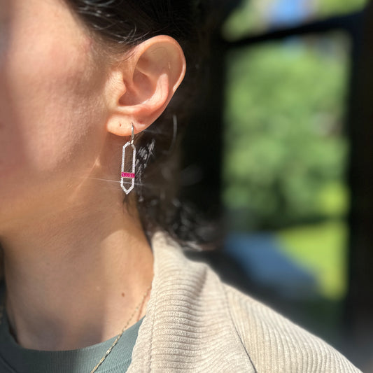 Sterling Silver Lab-Created Ruby + White Sapphire Huggie Drop Earrings