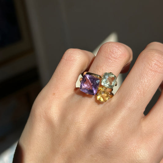 Estate 14KT Yellow Gold Faceted Purple & Green Amethyst + Citrine Interlocking Ring