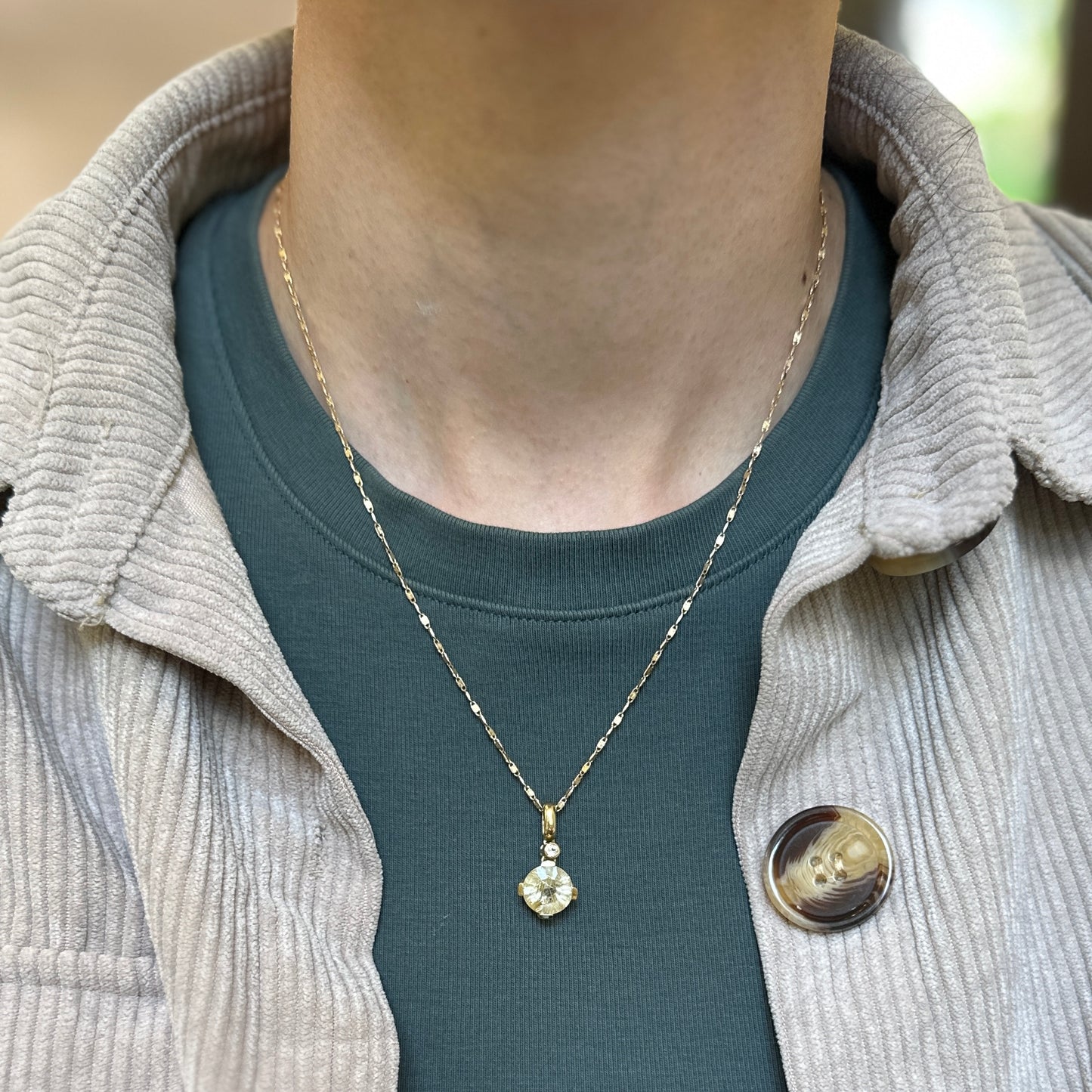 14K Yellow Gold Round Rutilated Quartz + Round Diamond Pendant