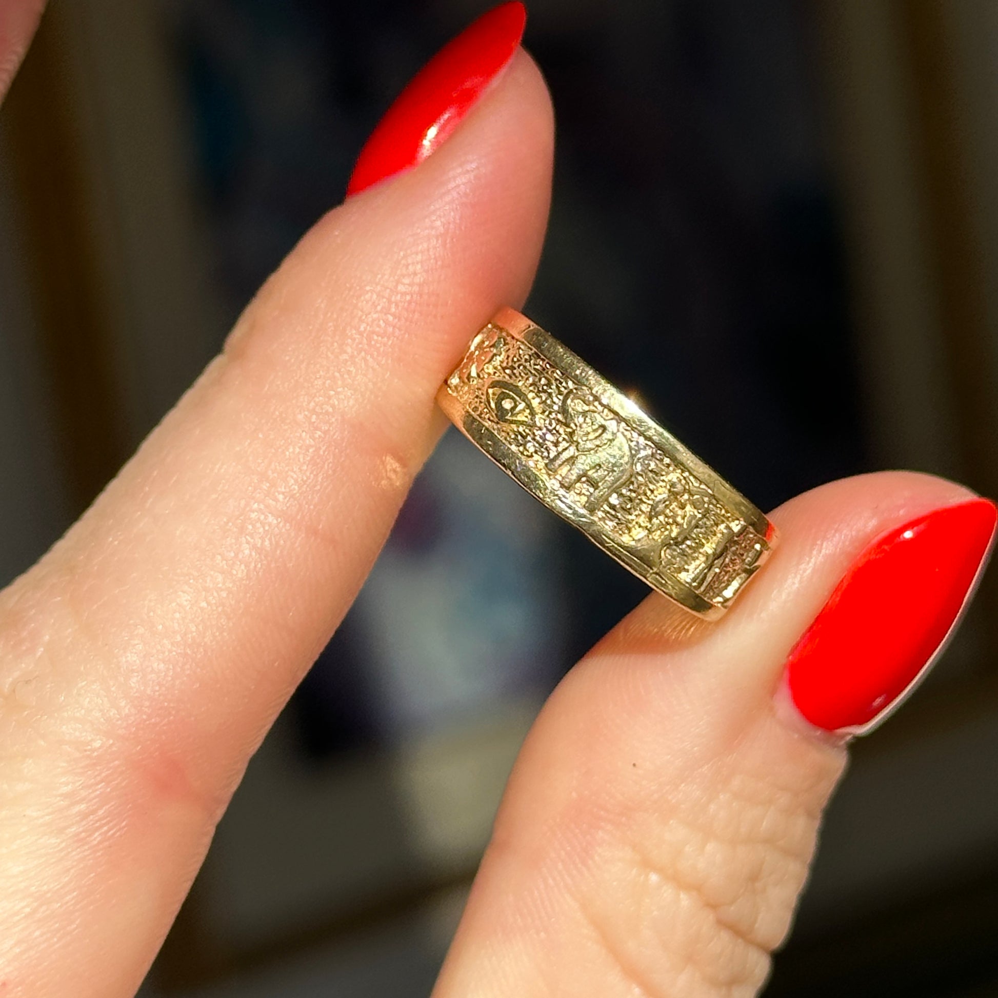 Estate 14KT Yellow Gold Lucky Cigar Band Ring Horseshoe Owl Farmer Elephant Clover Evil Eye Seven - LSJ