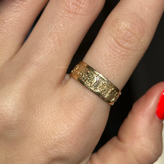 Estate 14KT Yellow Gold Lucky Cigar Band Ring Horseshoe Owl Farmer Elephant Clover Evil Eye Seven - LSJ