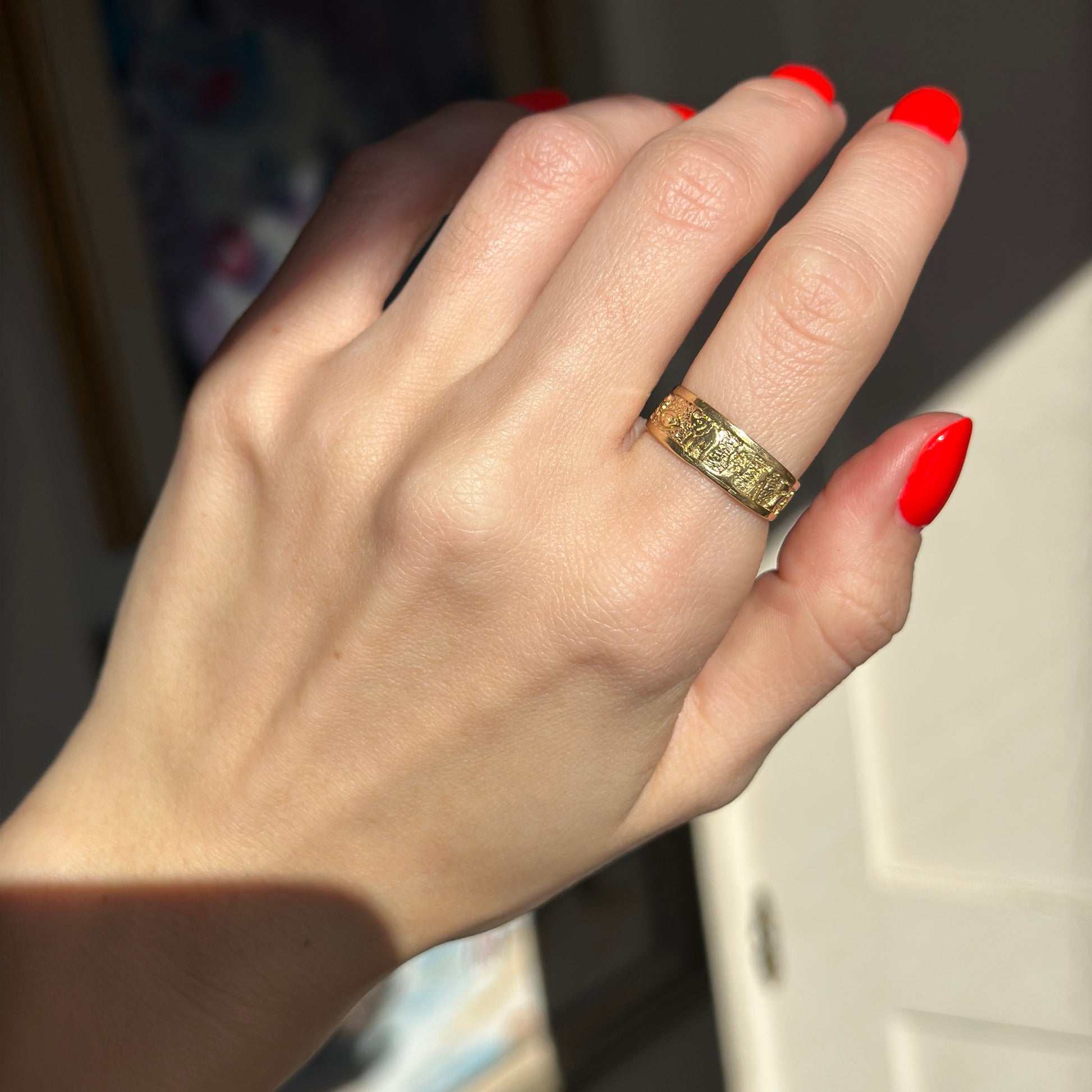 Estate 14KT Yellow Gold Lucky Cigar Band Ring Horseshoe Owl Farmer Elephant Clover Evil Eye Seven - LSJ