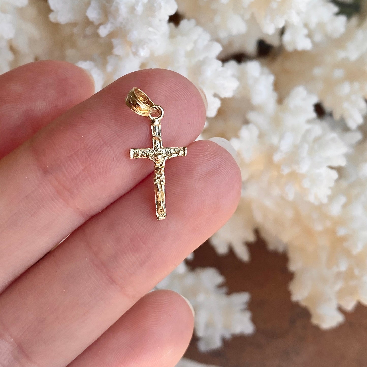 10KT Yellow Gold Mini 2D Textured Crucifix Cross Pendant Charm, 10KT Yellow Gold Mini 2D Textured Crucifix Cross Pendant Charm - Legacy Saint Jewelry