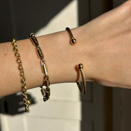 14K Yellow Gold Filled 3 mm Rope Ball End Cap Cuff Bracelet - LSJ