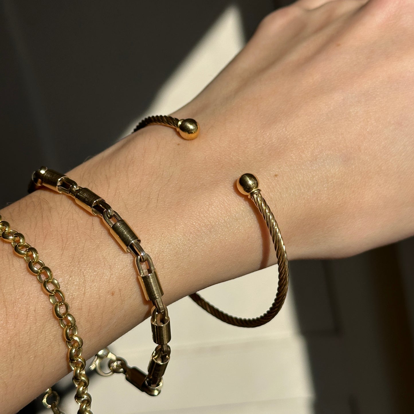 14K Yellow Gold Filled 3 mm Rope Ball End Cap Cuff Bracelet - LSJ
