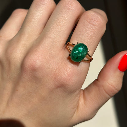 Estate 14KT Yellow Gold 7.37 CT Oval Cabochon Emerald Ring Size 9 - LSJ