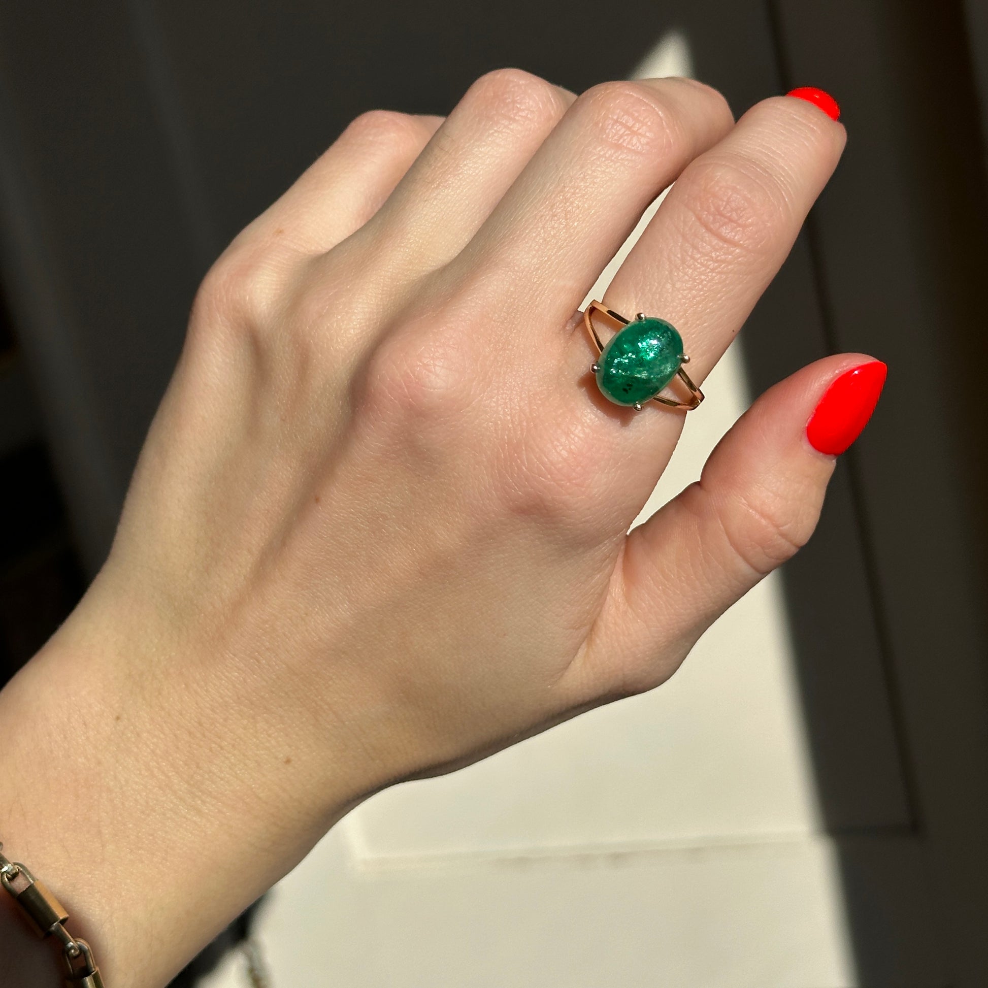 Estate 14KT Yellow Gold 7.37 CT Oval Cabochon Emerald Ring Size 9 - LSJ