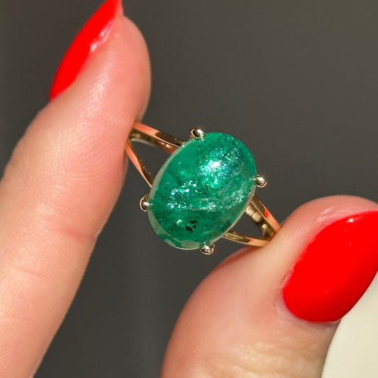 Estate 14KT Yellow Gold 7.37 CT Oval Cabochon Emerald Ring Size 9 - LSJ