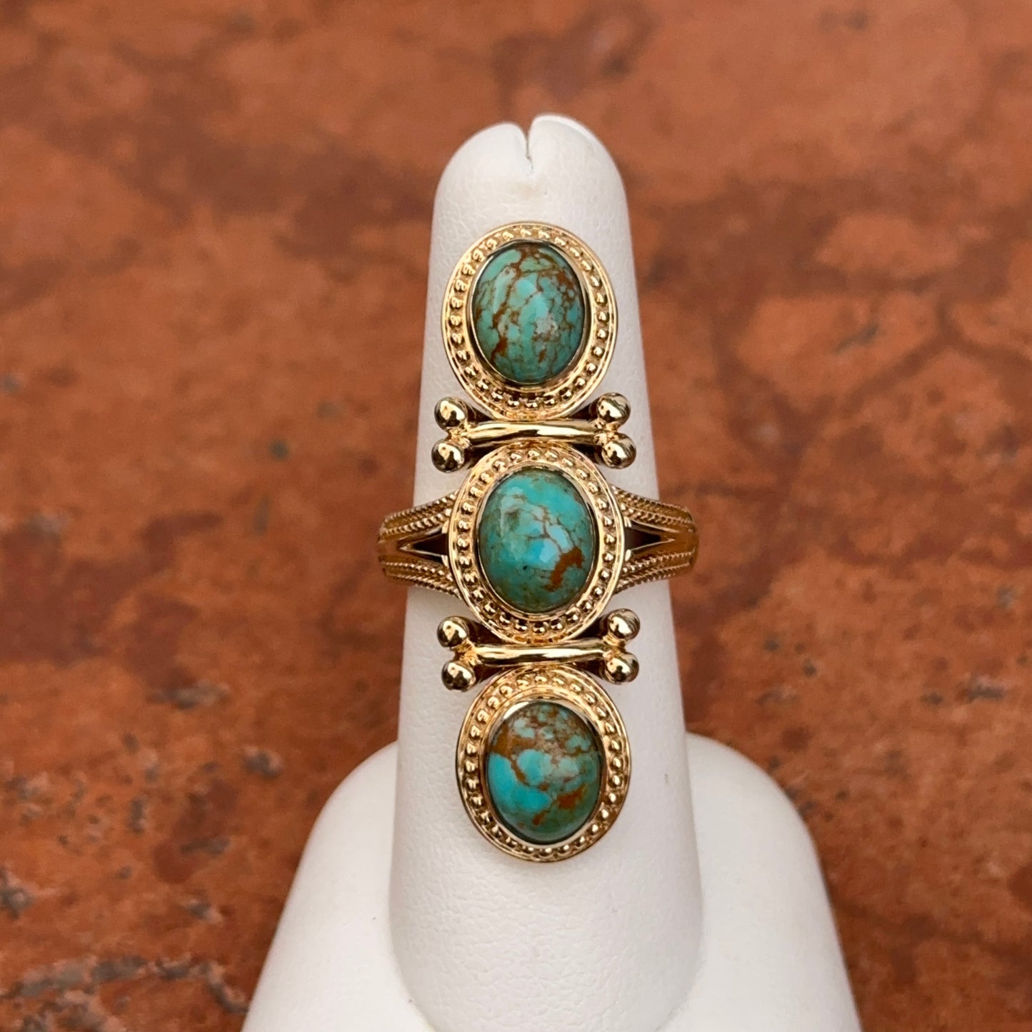 Estate 18KT Yellow Gold Byzantine Turquoise 3 Stone Ring