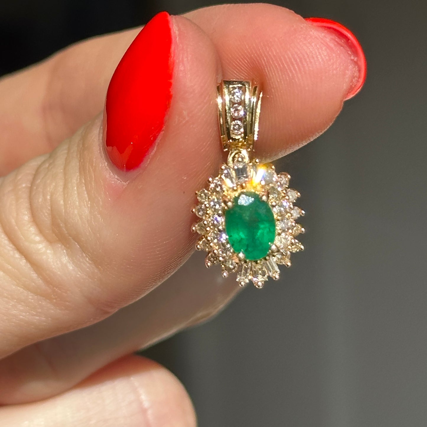 Estate 14KT Yellow Gold Oval Faceted Emerald + Diamond Pendant