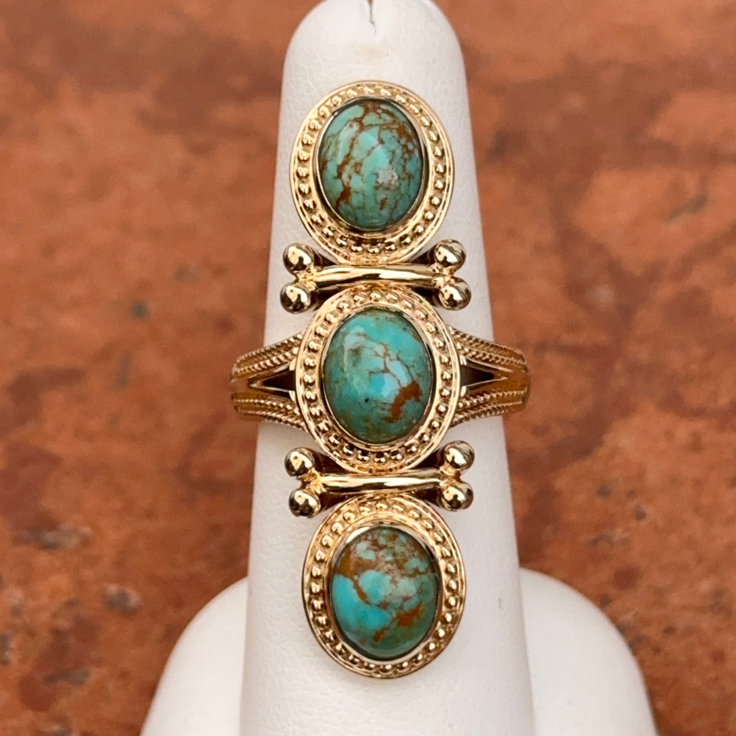 Estate 18KT Yellow Gold Byzantine Turquoise 3 Stone Ring