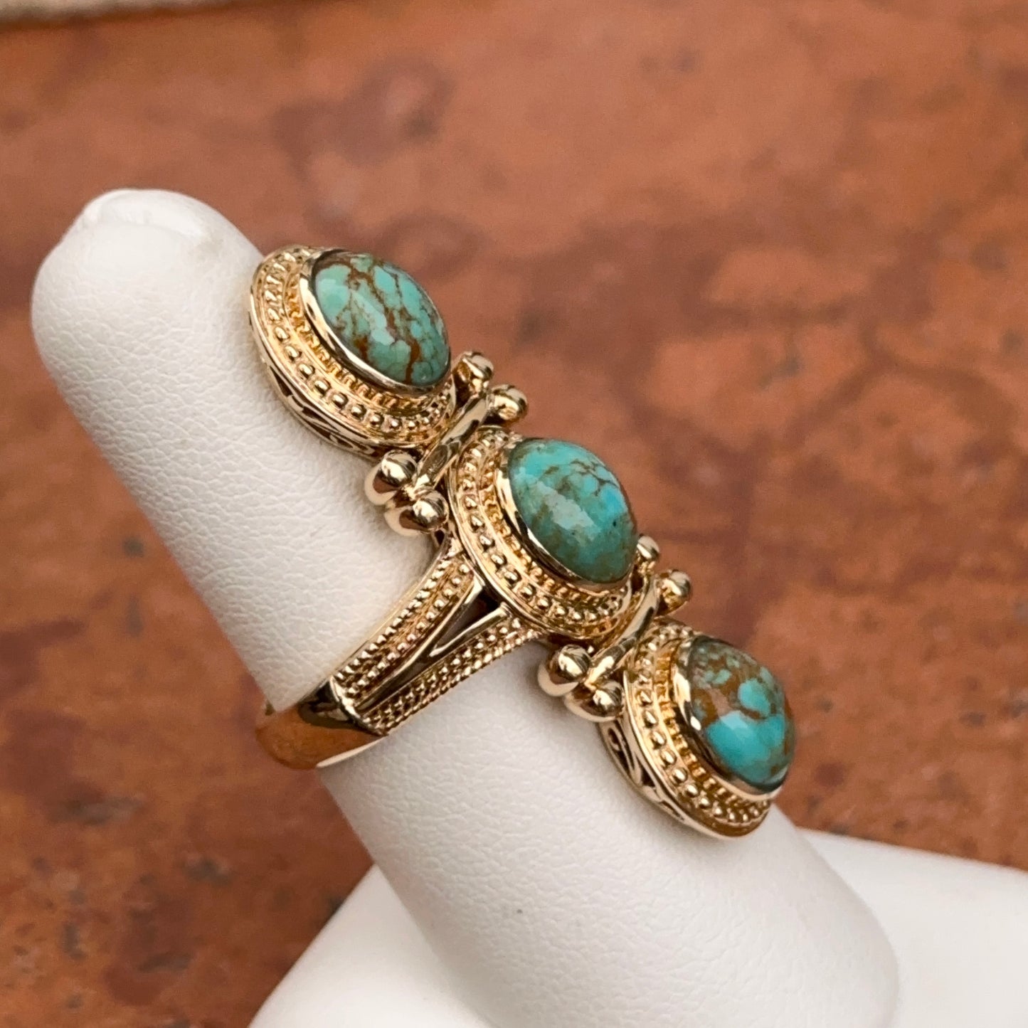 Estate 18KT Yellow Gold Byzantine Turquoise 3 Stone Ring