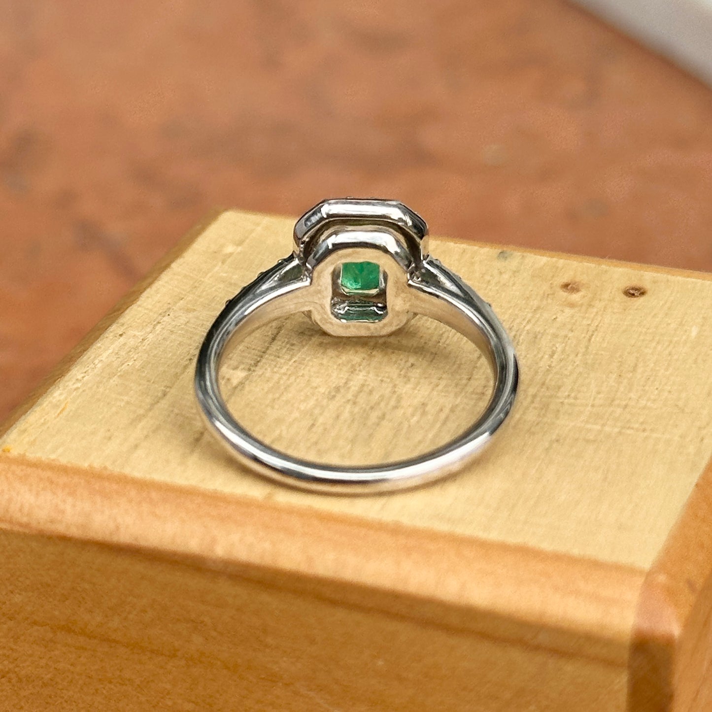 14KT White Gold Emerald-Cut Emerald Halo Diamond Ring