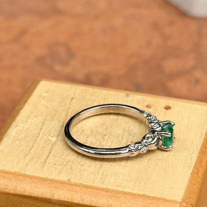 14KT White Gold Round Colombian Emerald + Diamond Accent Ring