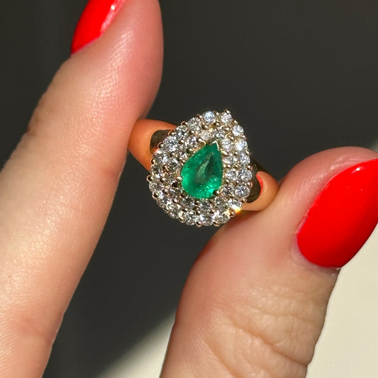 Estate 14KT Yellow Gold Pear Emerald + Double Halo Round Diamond Ring