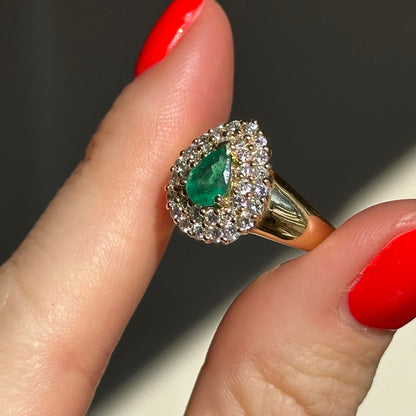 Estate 14KT Yellow Gold Pear Emerald + Double Halo Round Diamond Ring