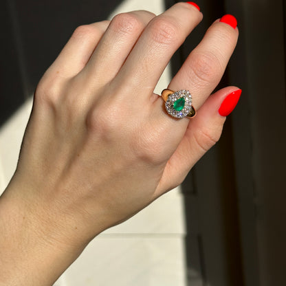 Estate 14KT Yellow Gold Pear Emerald + Double Halo Round Diamond Ring