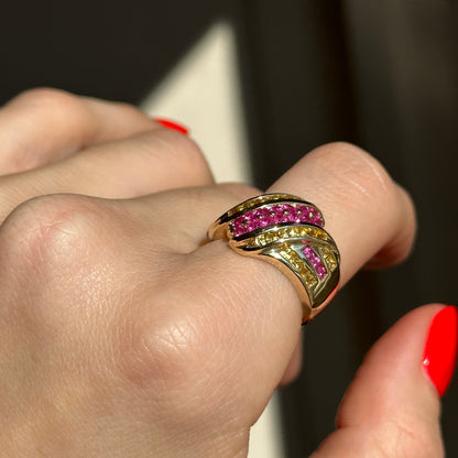 Estate 10KT Yellow Gold Round Ruby + Princess Yellow Sapphire Domed Ring