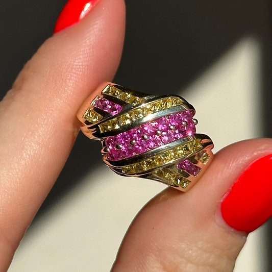 Estate 10KT Yellow Gold Round Ruby + Princess Yellow Sapphire Domed Ring