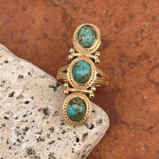 Estate 18KT Yellow Gold Byzantine Turquoise 3 Stone Ring