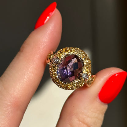 10KT Yellow Gold Oval Checkerboard Amethyst + Round Citrine Diamonds Ring