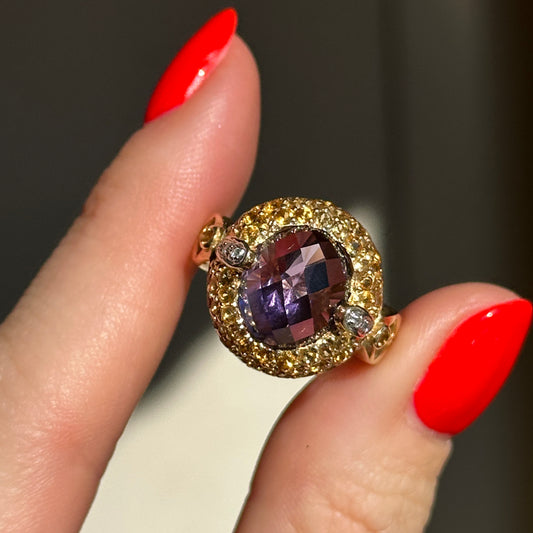 10KT Yellow Gold Oval Checkerboard Amethyst + Round Citrine Diamonds Ring