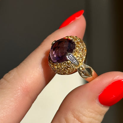 10KT Yellow Gold Oval Checkerboard Amethyst + Round Citrine Diamonds Ring