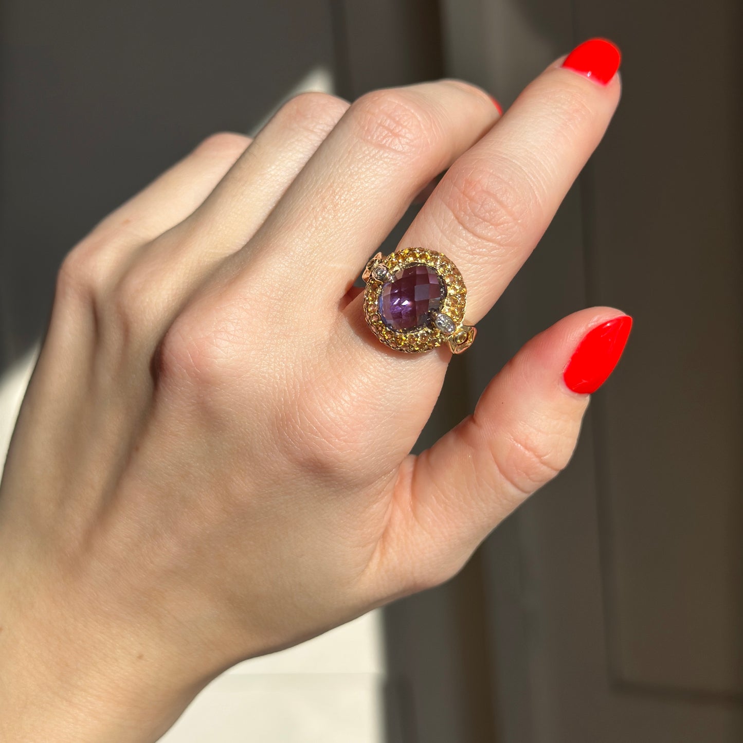 10KT Yellow Gold Oval Checkerboard Amethyst + Round Citrine Diamonds Ring