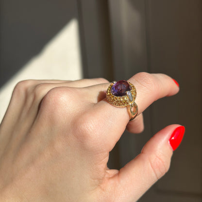 10KT Yellow Gold Oval Checkerboard Amethyst + Round Citrine Diamonds Ring