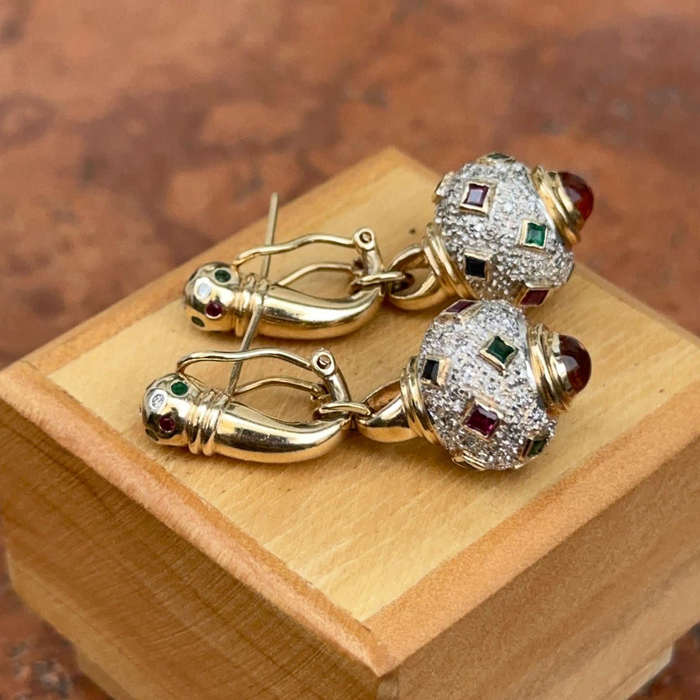 Estate Etruscan 14KT Yellow Gold Pave Diamond + Gemstones Dangle Earrings