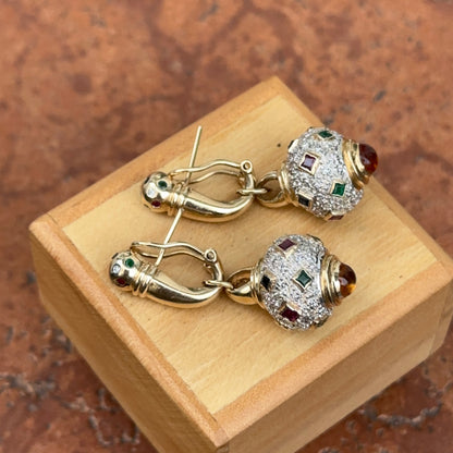 Estate Etruscan 14KT Yellow Gold Pave Diamond + Gemstones Dangle Earrings