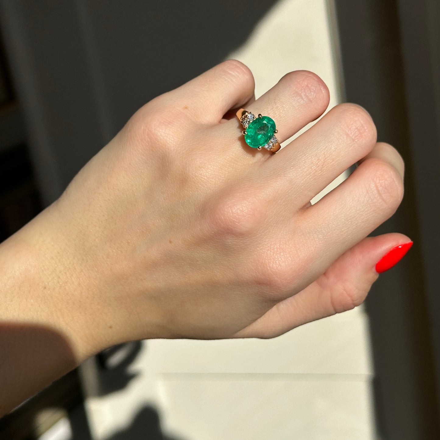 14KT Yellow Gold Oval 3.48 CT Emerald + Round Diamond Ring