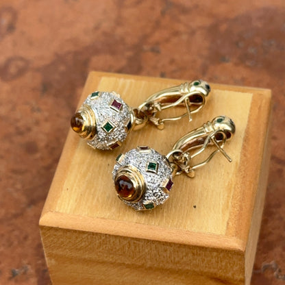 Estate Etruscan 14KT Yellow Gold Pave Diamond + Gemstones Dangle Earrings